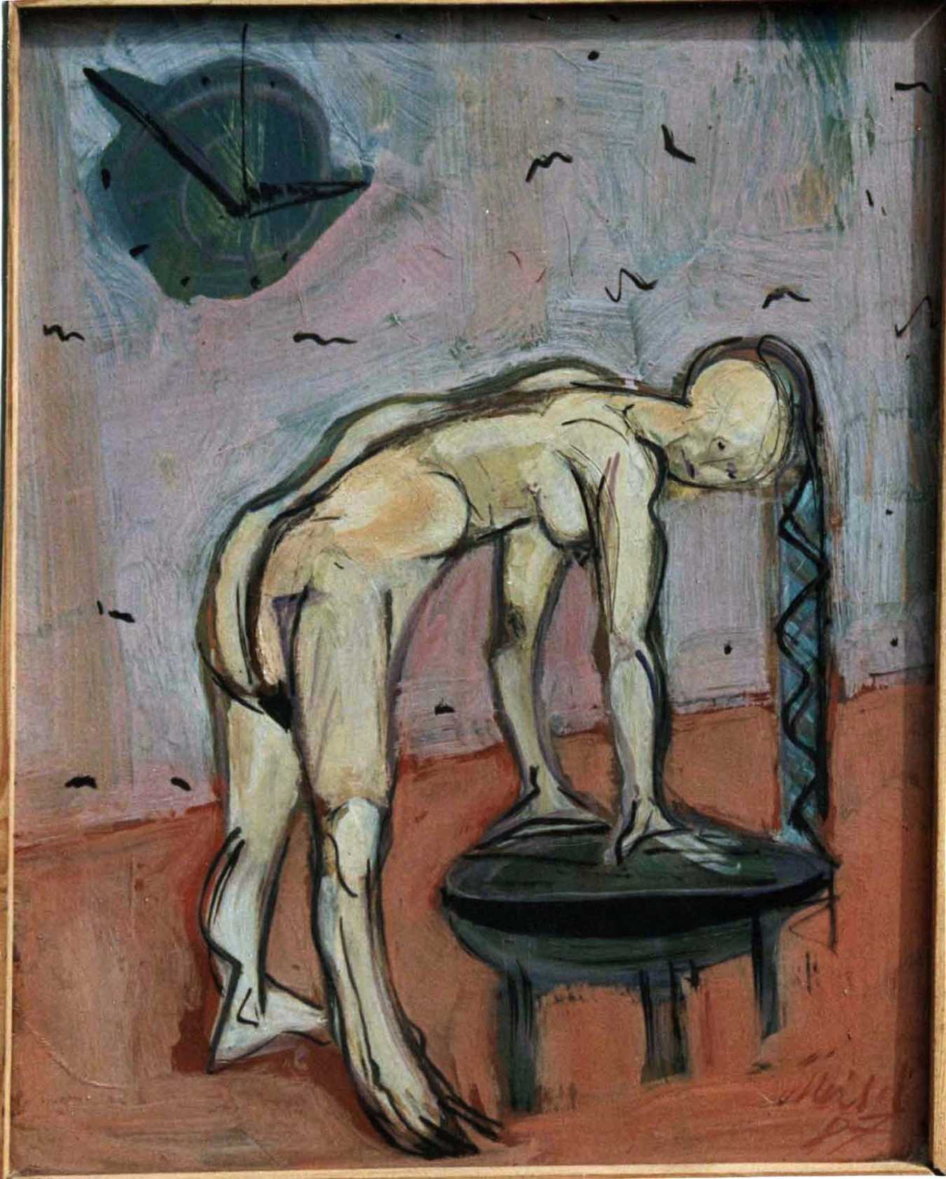 Frau mit Waschschüssel und Uhr